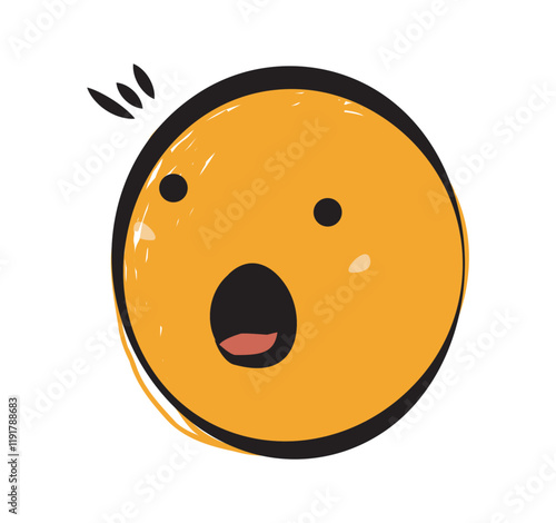 A surprised orange face emoji with an open mouth and expressive black eyes, drawn in a hand-drawn style on a white background. Concept of emotions. Vector illustration