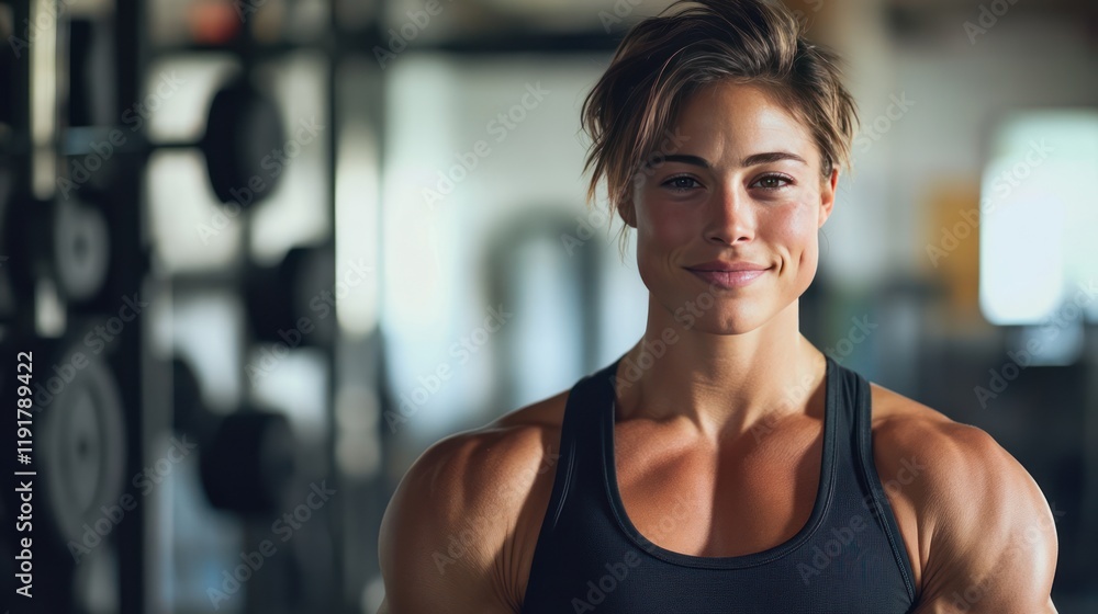 Fototapeta premium Full front view of a strong athletic woman with a defined muscular body shape, standing confidently in a modern fitness environment.