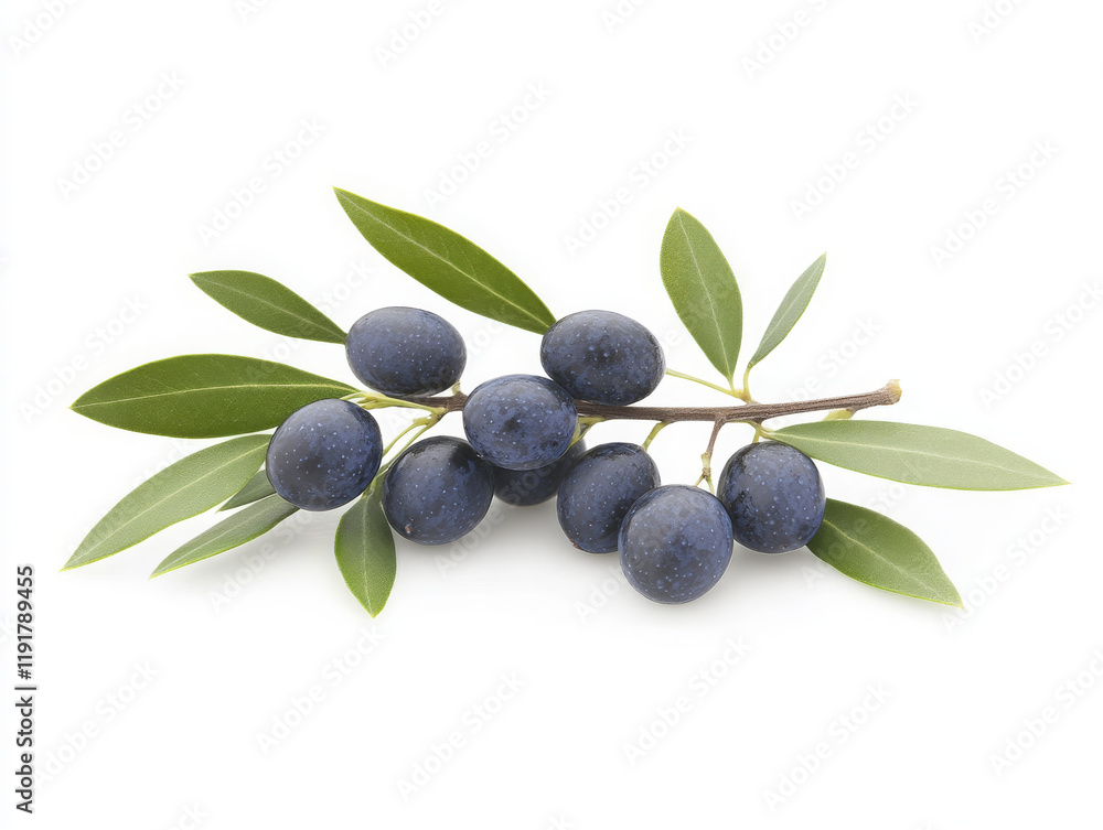 Macro Close Up of a Black Olive Branch Isolated on a White Background, Room for Text, Room for Copy Macro Close Up of a Black Olive Branch Isolated on a White Background, Room for Text, Room for Copy