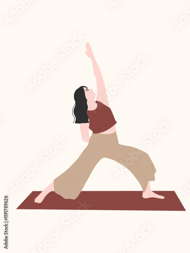 Woman in Burgundy Yoga Top and Beige Pants Stretching on a Yoga Mat : A curly-haired woman wearing an active wear performs a graceful stretch on a yoga mat, reaching one hand toward the sky. 