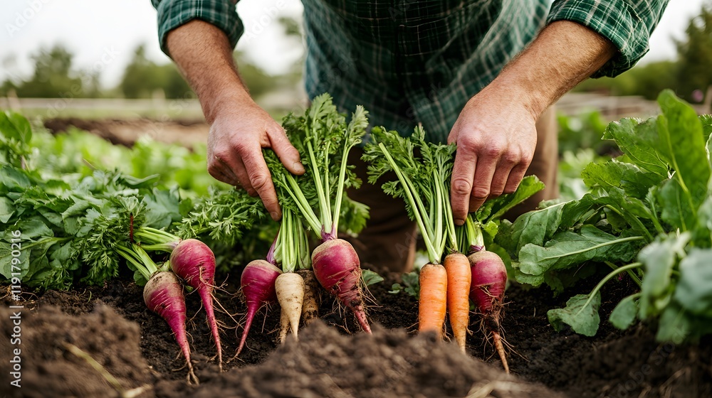 Fototapeta premium Farmer harvesting colorful root vegetables from garden soil