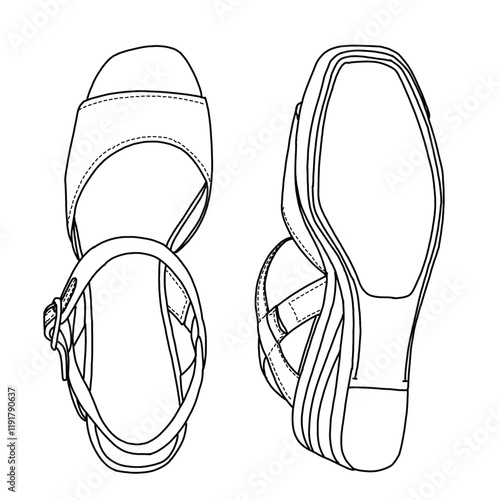 Women's Open Toe Buckle Ankle Strap Espadrilles Platform Wedge Casual Sandal line art, Technical sketch hand drawing outline vector doodle top and bottom view isolated on white background for coloring