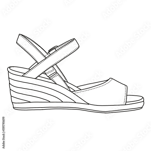 Women's Open Toe Buckle Ankle Strap Espadrilles Platform Wedge Casual Sandal line art, Technical sketch hand drawing outline vector doodle side view isolated on white background for coloring page
