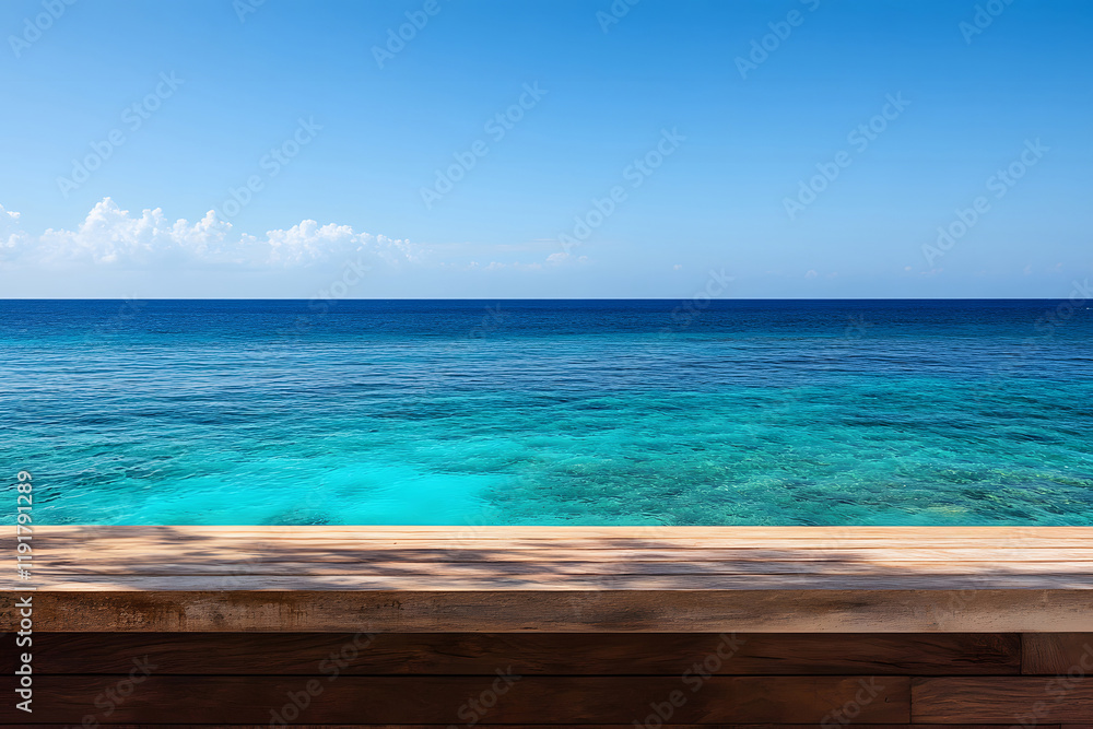 Fototapeta premium Front view of modern brown wooden counter with smooth surface and sharp details, overlooking tropical sea horizon, perfect for elegant scenic photography and minimalist outdoor decor concepts