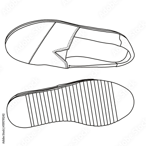 Women's Espadrille Slip-On Shoes line art, Technical sketch hand drawing outline vector doodle top and bottom view isolated on white background for coloring page