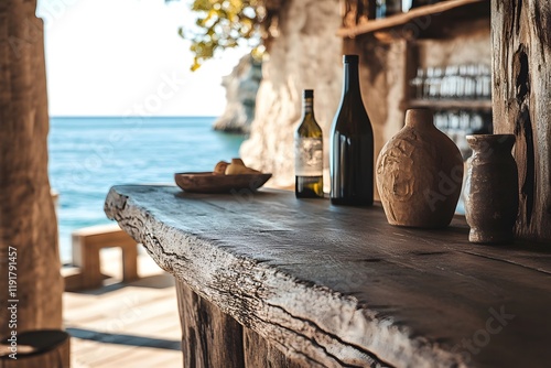 Side view of handmade brown wooden counter, set in beverage shop against beautiful coastal scenery, ideal for rustic decor, minimalist design, and scenic outdoor photography themes photo