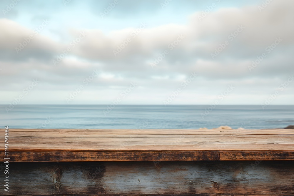 Fototapeta premium Front view of brown wooden counter with sharp details, overlooking clouds, tropical sea horizon, perfect for elegant scenic photography and minimalist outdoor decor concepts