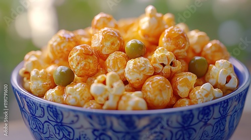 Caramel popcorn bowl, outdoor, blurry background, snack photo