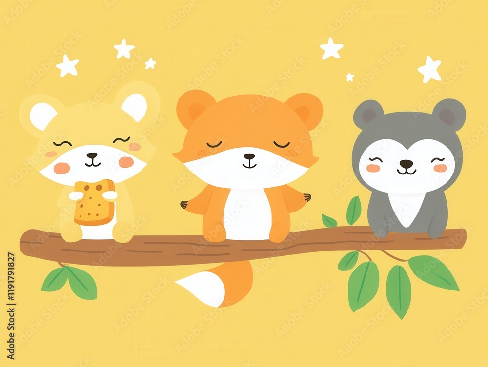 Fototapeta premium Adorable Cartoon Fox, Raccoon, and Dog on a Branch Enjoying a Snack Under the Stars