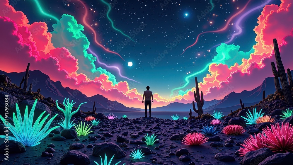 Fototapeta premium A solitary figure stands in an expansive desert vista, framed by stark black rock formations and gritty soil, gazing into the distance under a vast sky