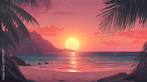 Fototapeta Naklejka Na Ścianę i Meble -  vector illustration beach with the sunset on background