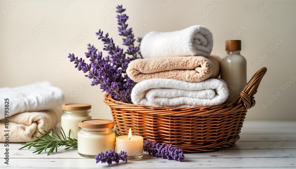 Spa basket filled with soft towels, lavender flowers. Aromatic candles, spa products beside basket. Natural light creates relaxing atmosphere. Ideal for spa treatments home wellness. Organic beauty Spa basket filled with soft towels, lavender flowers. Aromatic candles, spa products beside basket. Natural light creates relaxing atmosphere. Ideal for spa treatments home wellness. Organic beauty