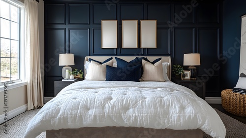 Urban modern bedroom with navy accent wall, cream bedding, and bold black decor, stylish and edgy