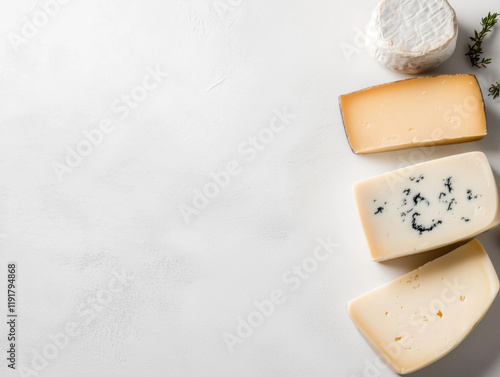 Artfully Stacked Assorted Blue Cheese Wedges with Unique Blue Mold Veins Against a Crisp White Background, Showcasing Gourmet Dairy Elegance. photo