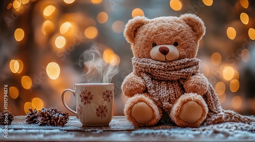 Wallpaper Mural Cozy teddy bear with hot drink, winter lights Torontodigital.ca