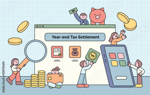 people are doing their year-end tax work online. Small, cute people using huge web pages and mobile devices. Cuttiny character with outline.
