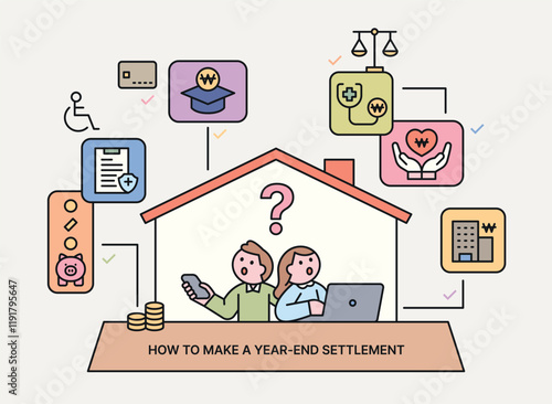 People checking their spending details while doing year-end tax settlement. There are people in the house frame and icons around them. Cuttiny character with outline.