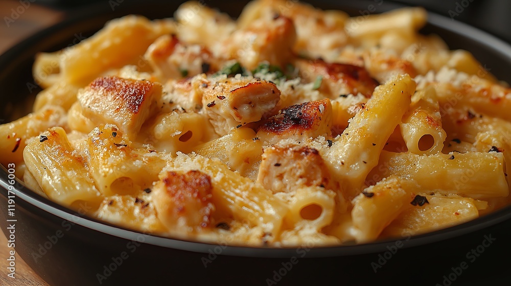 A delectable plate of creamy Alfredo pasta topped with chicken, cheese, and fresh basil, served on a white dish. A delectable plate of creamy Alfredo pasta topped with chicken, cheese, and fresh basil, served on a white dish.