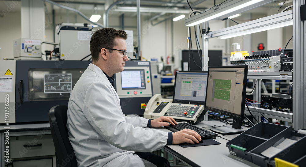 Electronics Factory : Caucasian Male Electrical Engineer Designs PCB Prototype, Works on Desktop Computer, uses CAD Software to Develop Microchips and Semiconductors. Modern Manufacturing Facility. Electronics Factory : Caucasian Male Electrical Engineer Designs PCB Prototype, Works on Desktop Computer, uses CAD Software to Develop Microchips and Semiconductors. Modern Manufacturing Facility.