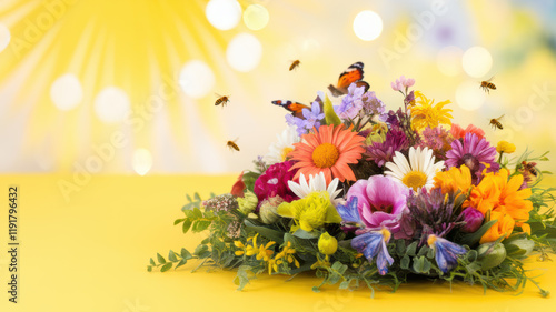 Vibrant Spring Flowers Bouquet with Bees and Butterflies