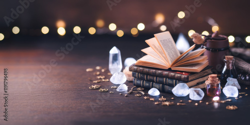 Mystical Book Crystals Potions Fantasy Magic Scene
