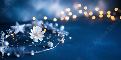 Festive Winter Wonderland Blue Background White Flower Silver Stars Lights