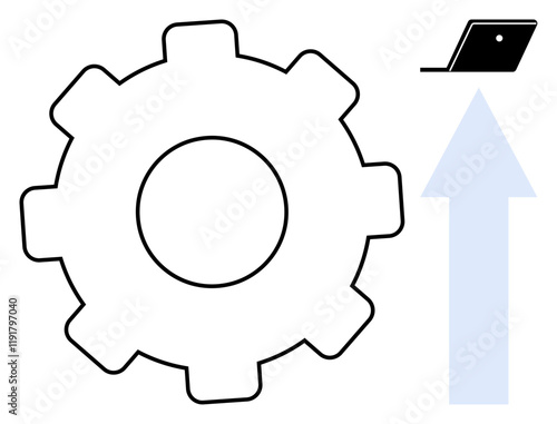 Gear and upward arrow with laptop suggest automation, technology advancement, growth, optimization, development, progress, and improvement. Ideal for business, engineering technology innovation