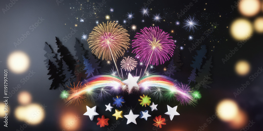 Fototapeta premium Festive Fireworks Rainbow Stars Night Sky Celebration