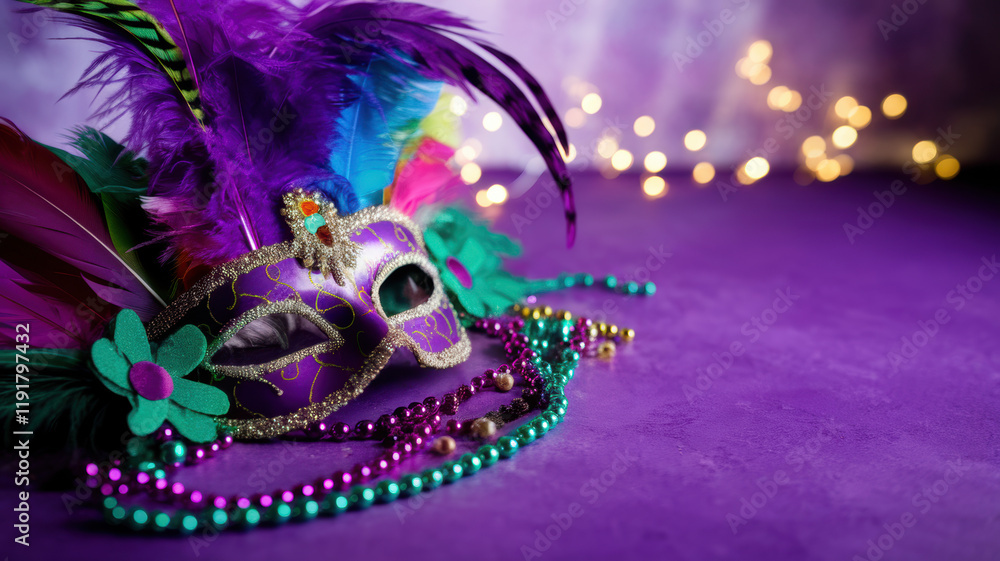 Fototapeta premium Mardi Gras Mask Feathers Beads Purple Party Decor
