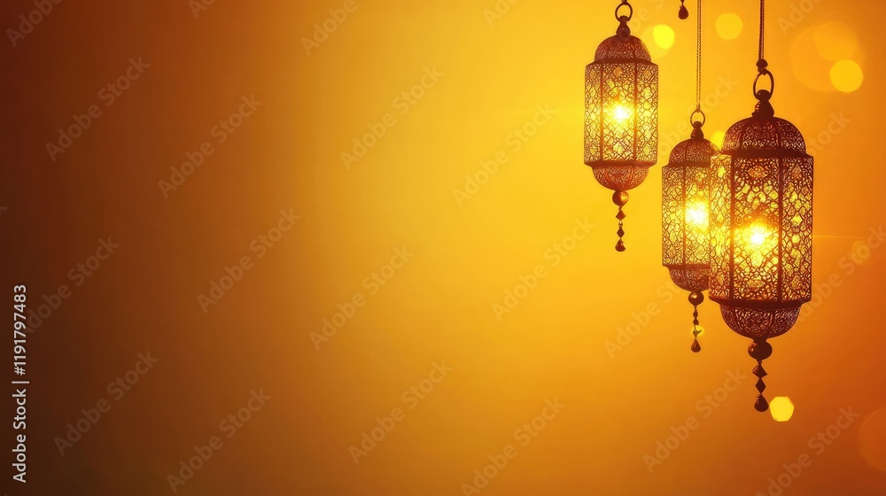 Golden lanterns glow at sunset; festive background, ideal for celebrations Golden lanterns glow at sunset; festive background, ideal for celebrations