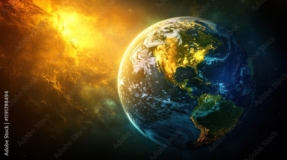 Obraz premium Earth, cosmic sunrise, nebula, space, global, environmental, poster, design