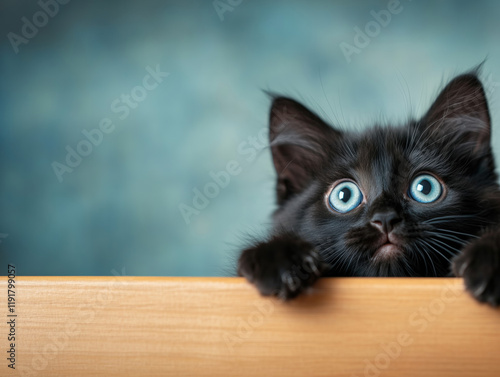 A Curious and Energetic Black Kitten with Striking Blue Eyes Captivates All with Its Playful Antics and Sense of Wonder in Its Explorations. photo