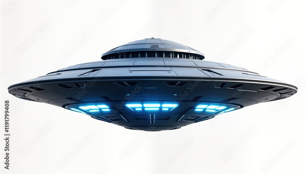 Futuristic flying saucer craft hovers in empty space. Advanced spaceship design. Modern design features with illuminated blue lights. Possible alien spacecraft. Sci-fi concept. Artistic rendering. Futuristic flying saucer craft hovers in empty space. Advanced spaceship design. Modern design features with illuminated blue lights. Possible alien spacecraft. Sci-fi concept. Artistic rendering.