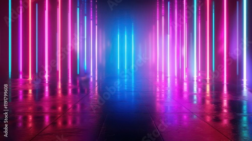 Wallpaper Mural A vibrant, illuminated space with colorful neon lights reflecting on a wet floor. Torontodigital.ca
