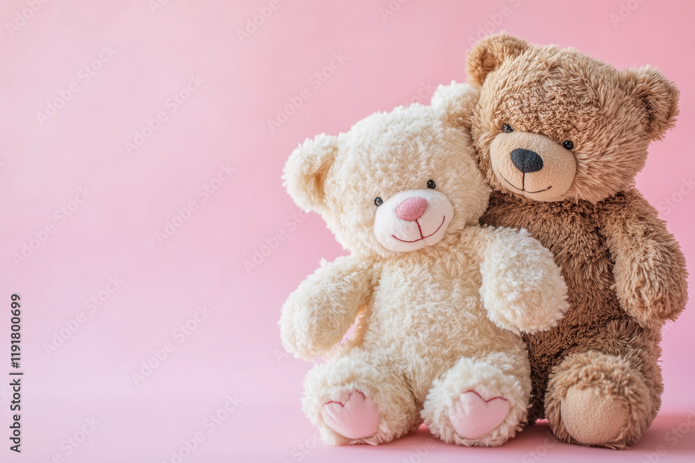 Two teddy bears hugging on a colorful background, symbolizing love and affection Two teddy bears hugging on a colorful background, symbolizing love and affection