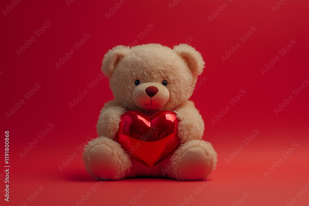 Cute teddy bear holding red heart Valentines Day isolated color background Cute teddy bear holding red heart Valentines Day isolated color background