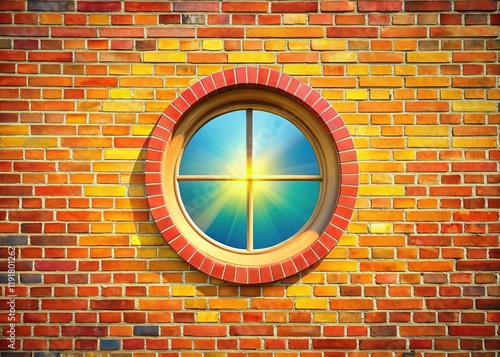 Bright Circular Window, Round Brick Wall, Architectural Photography, Colorful Building Detail photo