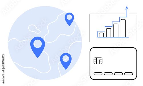 Blue location pins on a world map, an upward-trending bar graph, and a credit card represent global financial connectivity and market growth. Ideal for banking, finance, e-commerce, digital