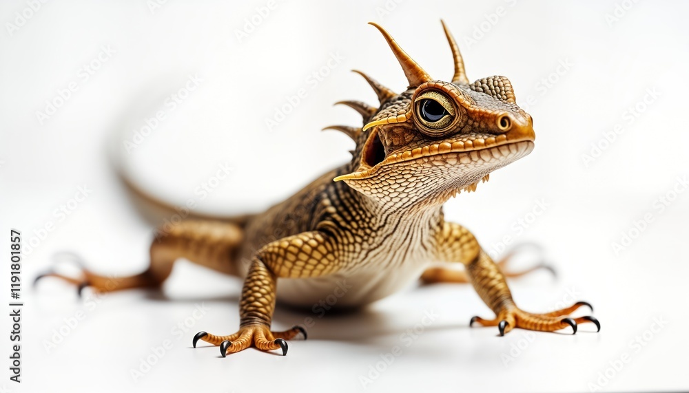 Naklejka premium Horned lizard on white background. Reptile with horns on head. Closeup view of lizard features. Wildlife animal photography. Exotic pet nature theme. Full body shot. Isolated image for education
