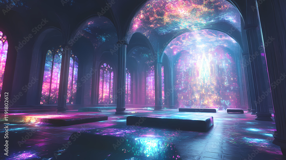 Fototapeta premium Mystical fantasy library meditational room with illuminating ethereal lights. generative ai. Shadowfern. Illustration