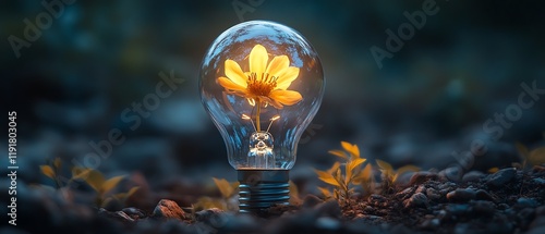 Glowing lightbulb with yellow flower blooming inside, bright idea and invention, success and innovation, glowing light, vibrant growth, nature s creativity photo