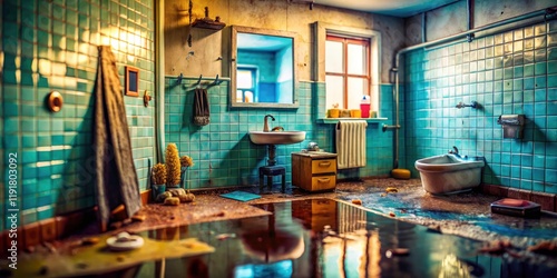 Wallpaper Mural Bathroom Flood Disaster: Tilt-Shift Miniature Water Damage & Leaking Pipes Repair Torontodigital.ca