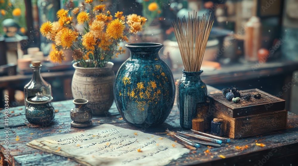 A Still Life of Artistic Tools and Flowers in a Mystical Setting A Still Life of Artistic Tools and Flowers in a Mystical Setting
