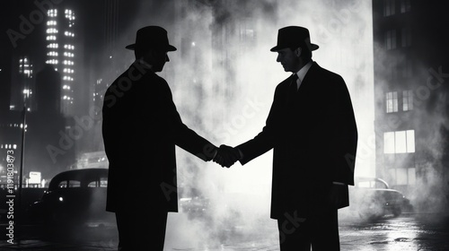 Midnight Deal: Two Men in Suits Shake Hands in a Smoky Cityscape
