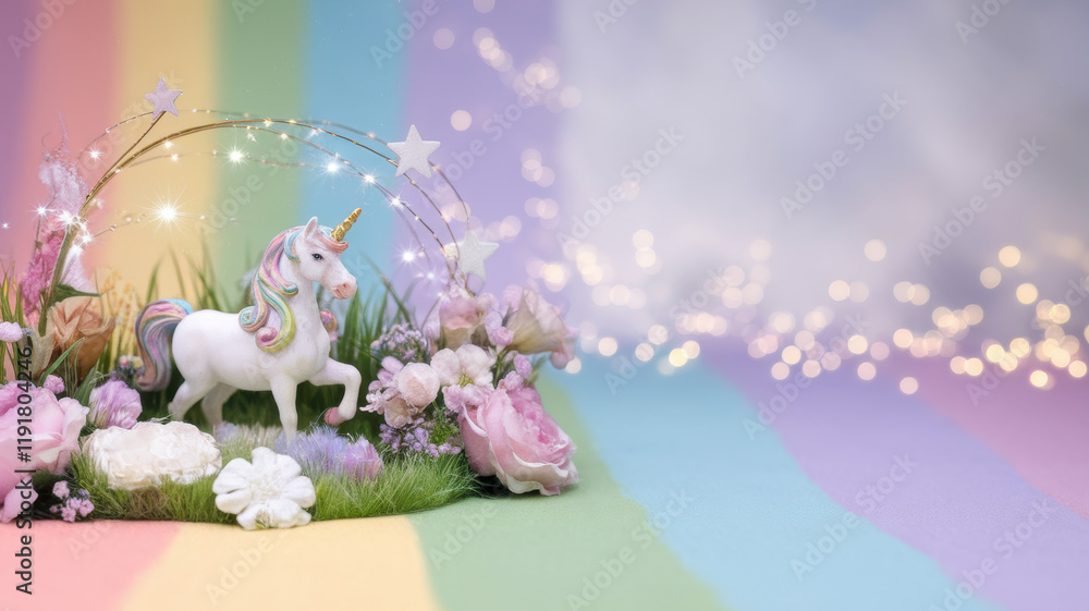 Obraz premium Magical Unicorn in Rainbow Floral Scene with Fairy Lights