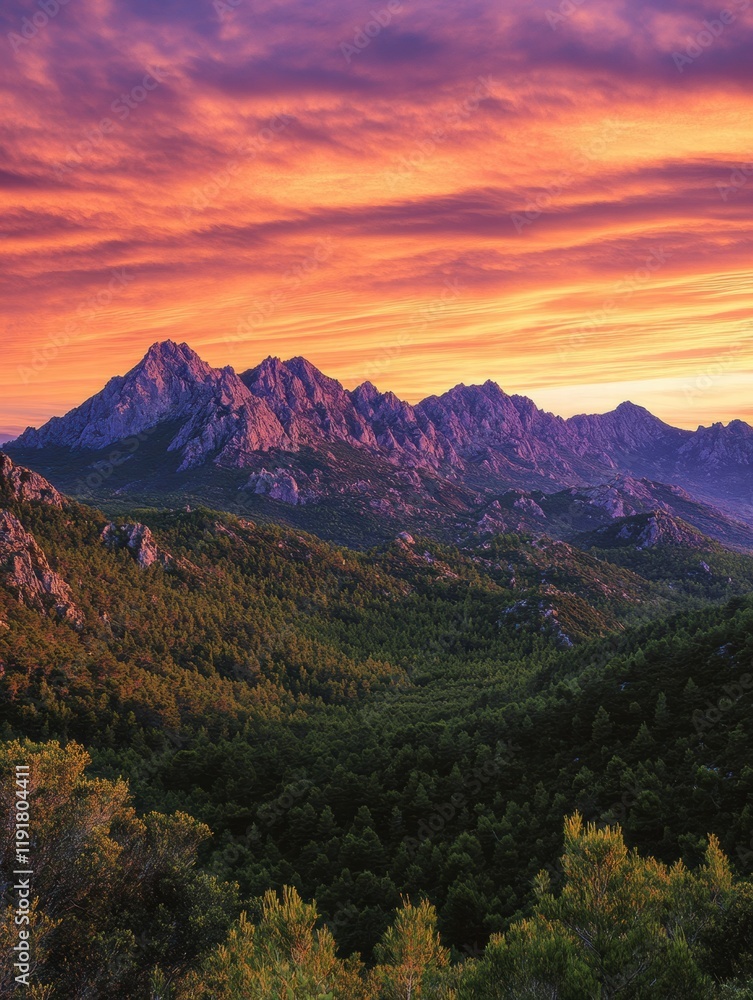 Obraz premium Majestic mountain peaks illuminated by the vibrant hues of sunrise over a lush landscape. Generative AI