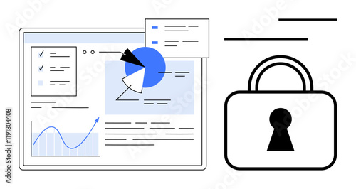Screen with charts, graphs, and checklist alongside a padlock representing data security. Ideal for cybersecurity, data analysis, information protection, privacy, secure browsing, auditing
