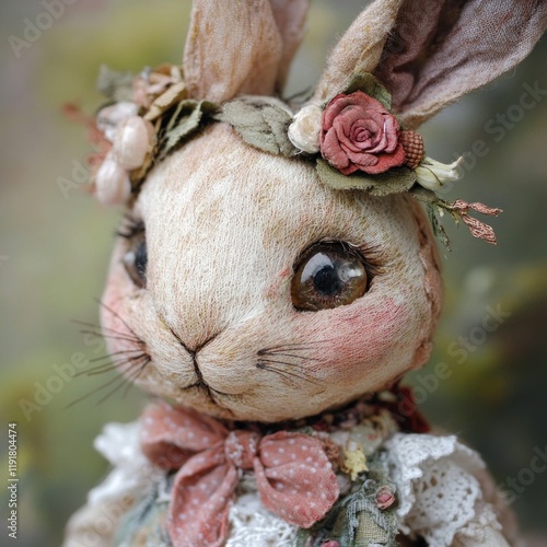 Floral-crowned bunny, close-up, garden backdrop, craft photo