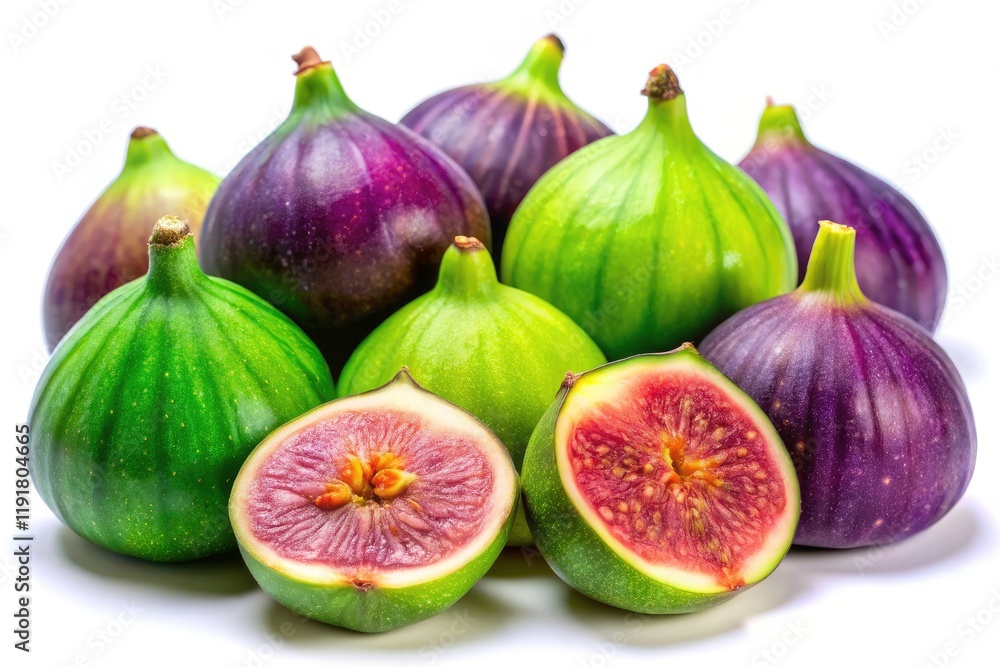 Obraz premium Close Up Green Purple Figs, Fresh Tropical Fruit, High-Resolution Image, Low Light Photography, Isolated PNG