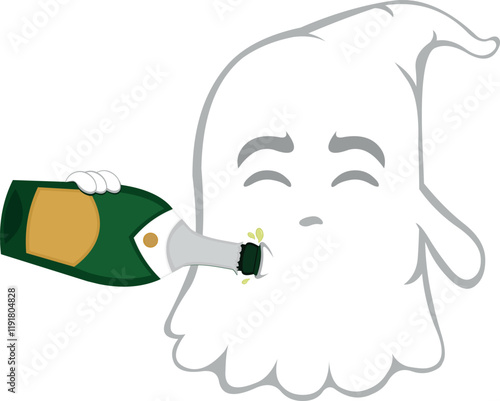 vector illustration character ghost cartoon, drinking champagne or cider from the bottle